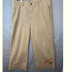 Gap High Rise Wide Leg Crop Denim Tan Rainbow Heart Embroidery Size 18 Regular
